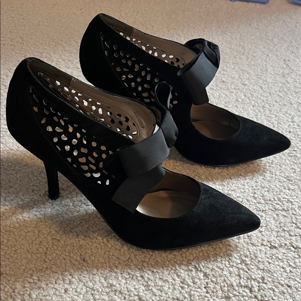RW&CO. Black Faux Suede Heels with Cutout Design and Satin Bows